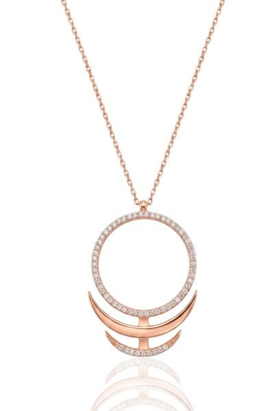 925 Ayar Gümüş Kolye Rose Geometrik Çember Ve Çift Hilal Figürlü Kolye SGTL13410ROSE