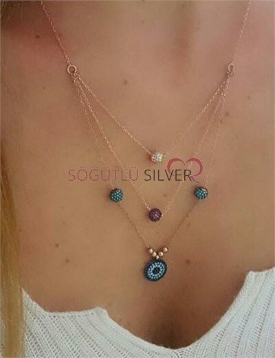 üç zincirli nazarlı firuze taşlı kolye SGTL3268