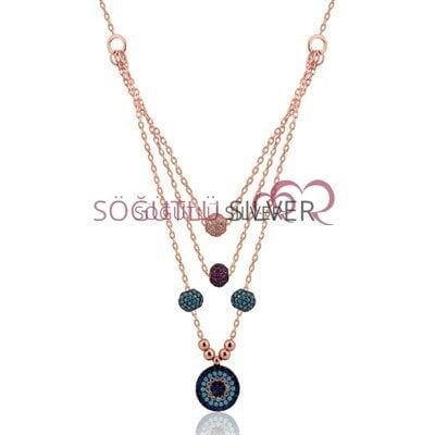 üç zincirli nazarlı firuze taşlı kolye SGTL3268