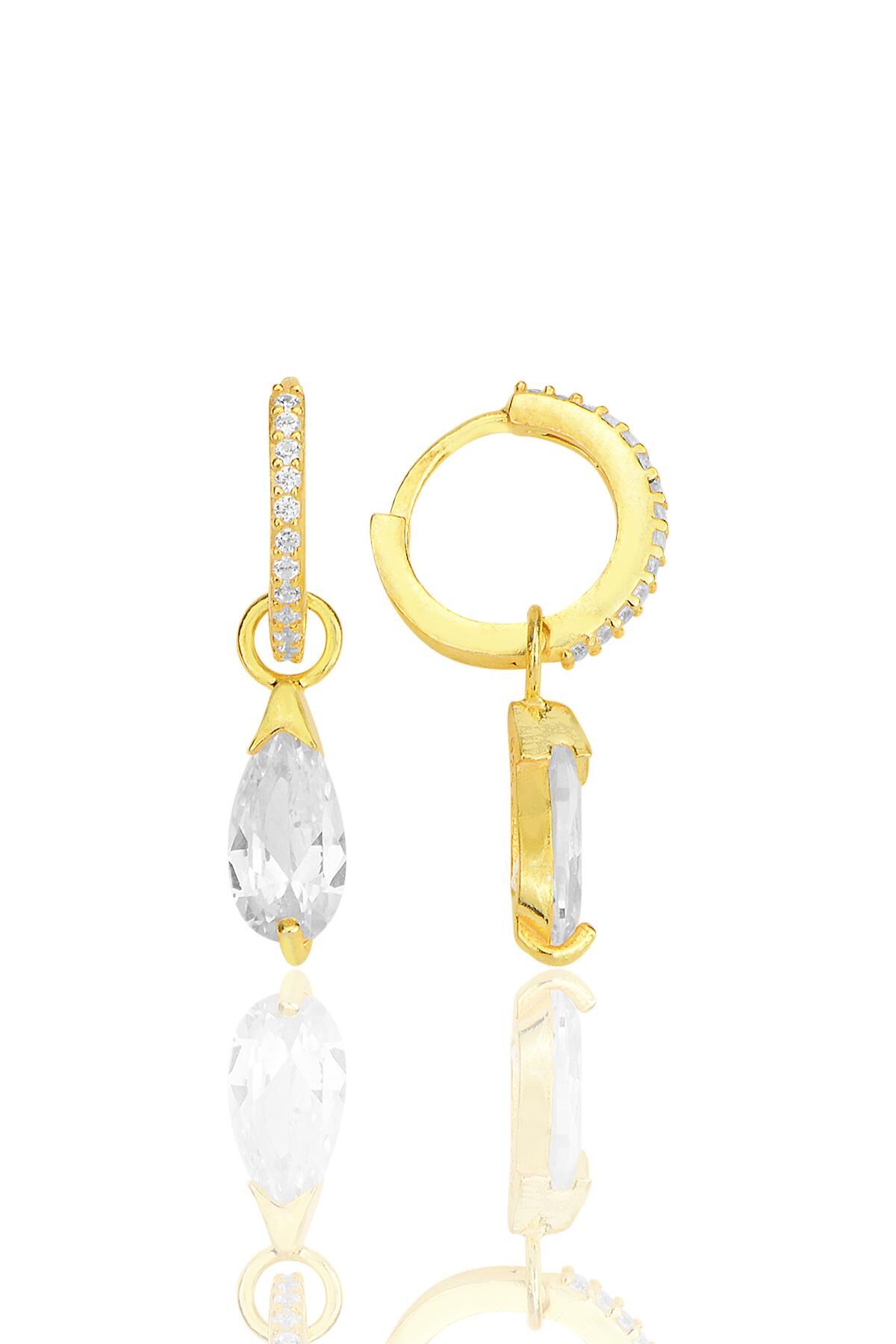 Gümüş altın yaldızlı damla kesim zirkon taşlı halka küpe SGTL12254GOLD