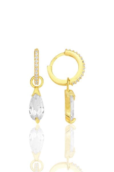 Gümüş altın yaldızlı damla kesim zirkon taşlı halka küpe SGTL12254GOLD