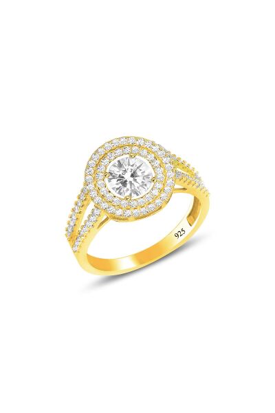 Gümüş altın yaldızlı zirkon taşlı pırlanta montürlü yuvarlak yüzük SGTL12088GOLD