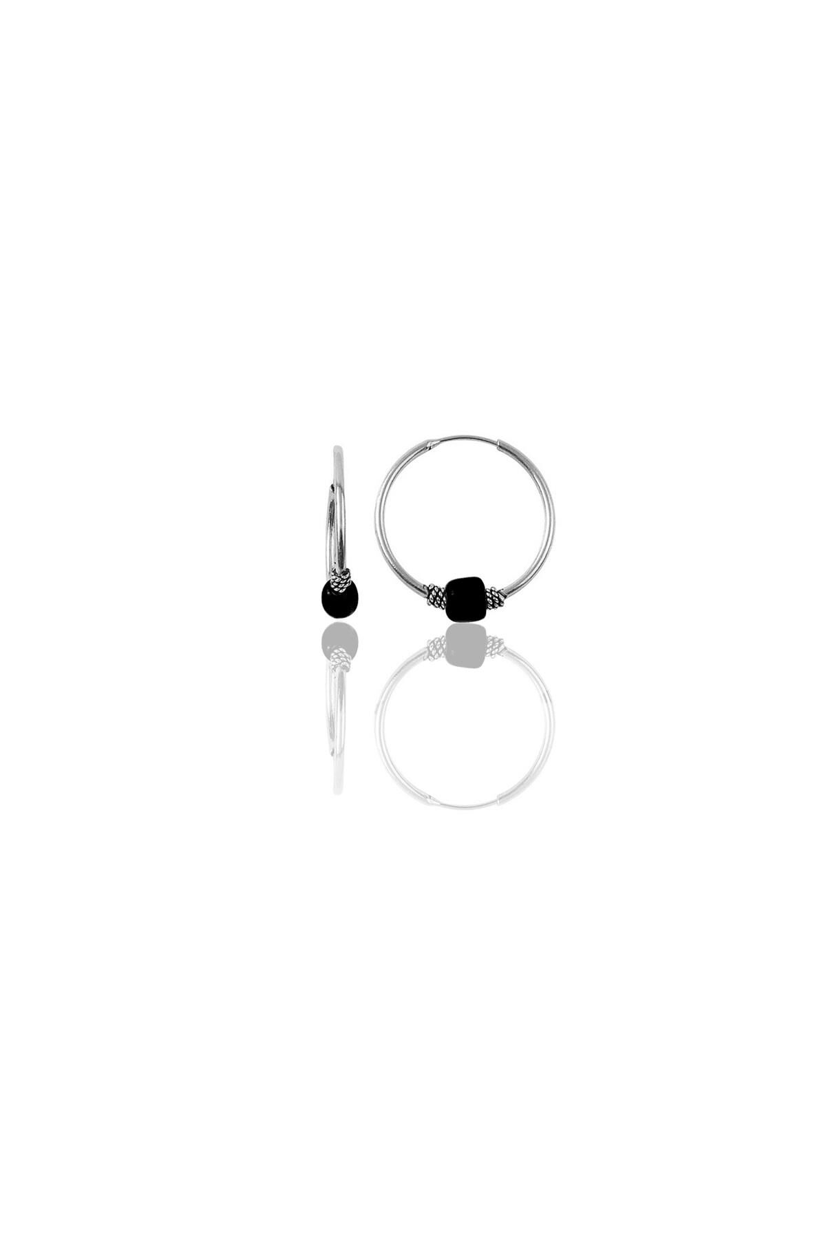 Gümüş 14 mm  siyah taşlı halka küpe SGTL11274RODAJ