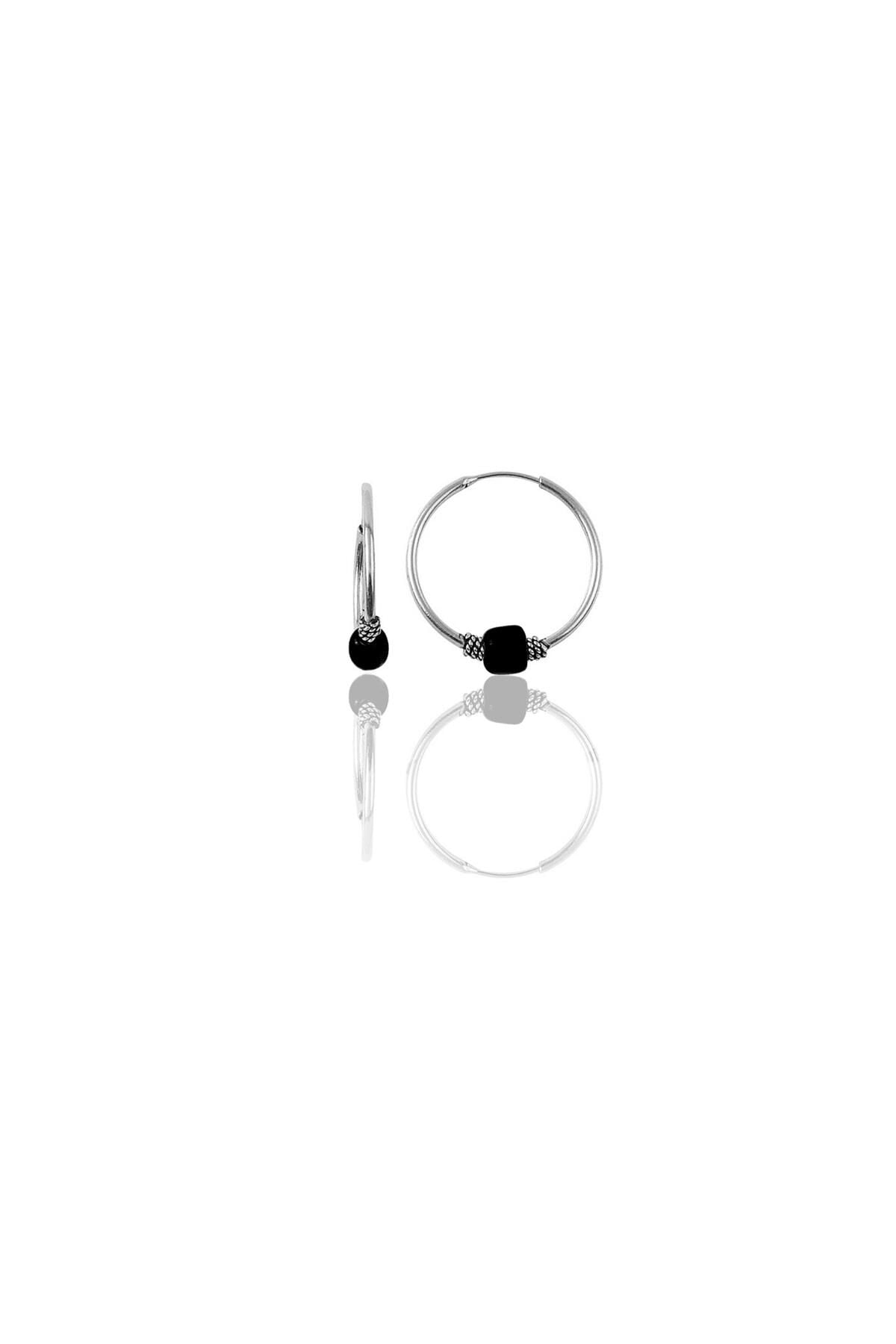 Gümüş 14 mm  siyah taşlı halka küpe SGTL11274RODAJ