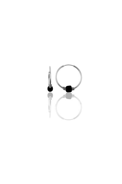 Gümüş 14 mm  siyah taşlı halka küpe SGTL11274RODAJ