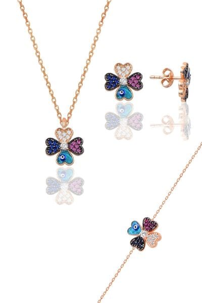 Gümüş rose mineli yonca modeli üçlü set SGTL10583ROSE