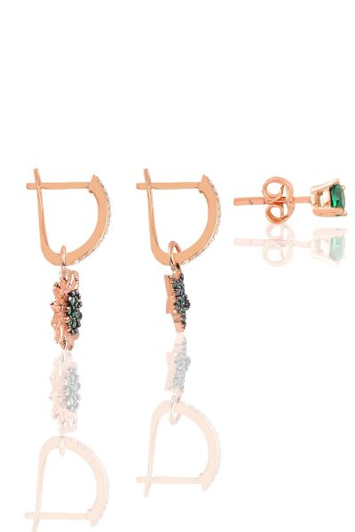 Gümüş rose yeşil taşlı yıldız, güneş ve tektaşlı kombin küpe SGTL12106YESIL