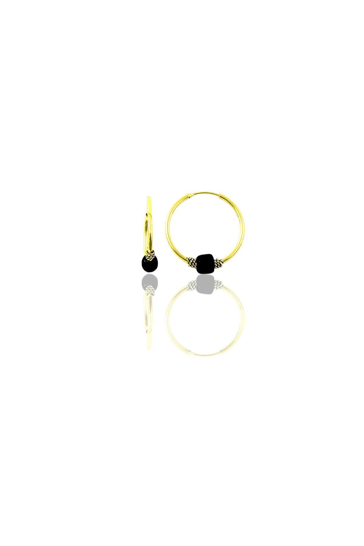 Gümüş altın yaldızlı 14 mm  siyah taşlı halka küpe SGTL11274GOLD