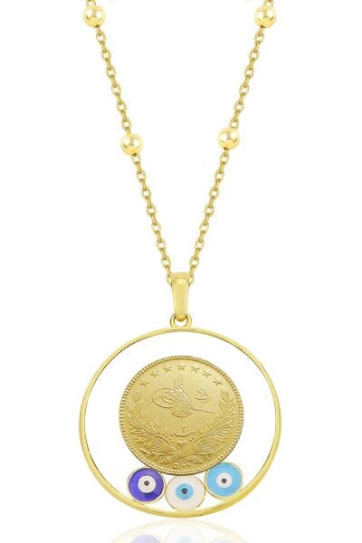 Gümüş altın yaldızlı top top zincirli nazarlı,çerçeveli, tuğralı, çeyrekli kolye SGTL12327GOLD