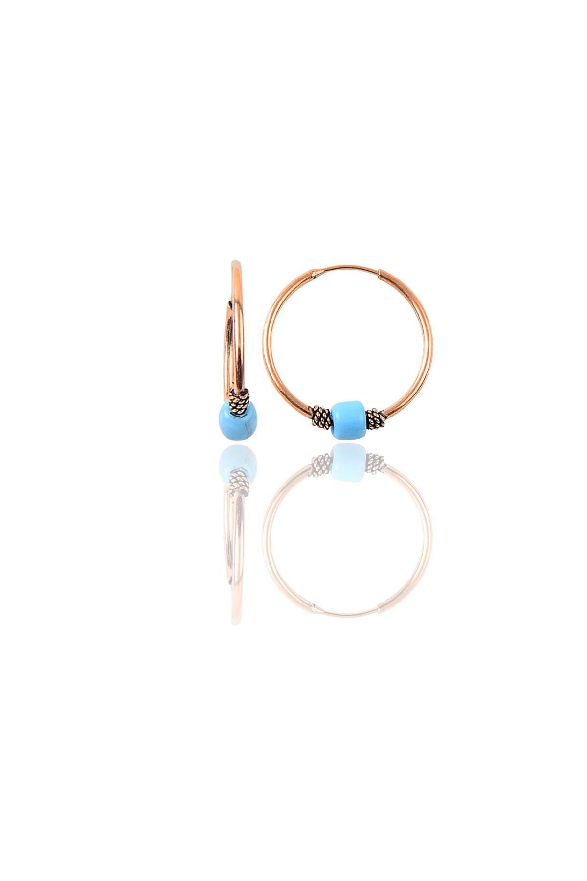 Gümüş rose 17 mm turkuaz taşlı halka küpe SGTL11265ROSE