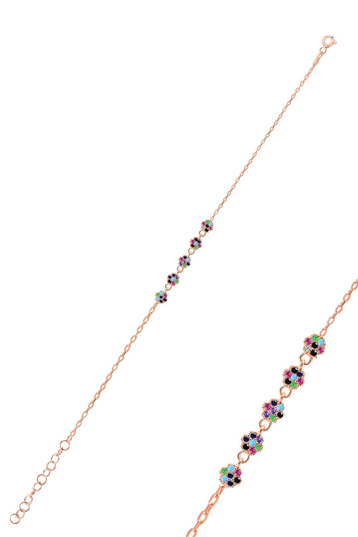 Gümüş rose renkli zirkon taşlı çiçek bileklik SGTL10305RENKLI