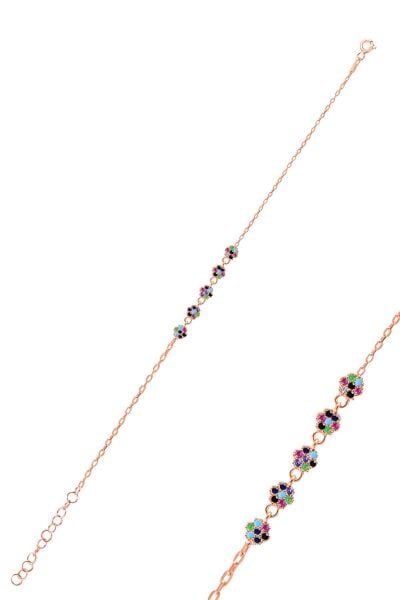 Gümüş rose renkli zirkon taşlı çiçek bileklik SGTL10305RENKLI