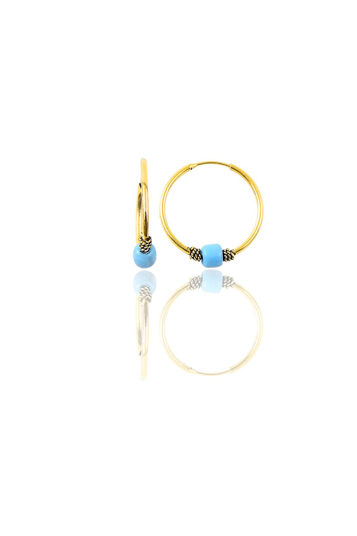 Gümüş altın yaldızlı 17 mm  turkuaz taşlı halka küpe SGTL11265GOLD