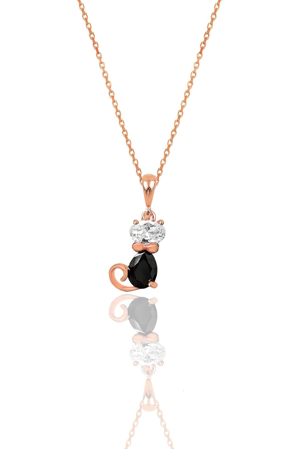 Gümüş rose zirkon ve onix taşlı özel tasarım kedi kolye SGTL12092ROSE