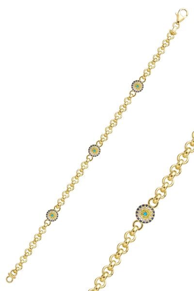 925 Ayar Gümüş Kuyumcu Model Nazar Boncuklu Bileklik Altın Kaplama Doç Zincirli Üçlü Nazar Şans Bilekliği SGTL13415GOLD