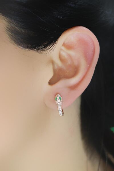 Gümüş rose yeşil  taşlı yılan halka küpe SGTL10553ROSE