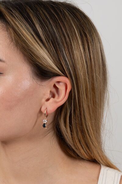 Gümüş rose zirkon ve onix taşlı özel tasarım kedi küpe SGTL12093ROSE