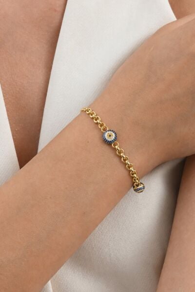 925 Ayar Gümüş Kuyumcu Model 9,5 mm Nazarlı Bileklik Altın Kaplama Doç Zincirli Üçlü Nazar SGTL13416GOLD