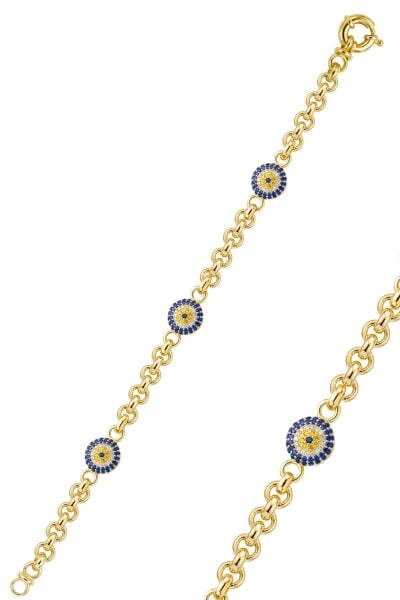 925 Ayar Gümüş Kuyumcu Model 9,5 mm Nazarlı Bileklik Altın Kaplama Doç Zincirli Üçlü Nazar SGTL13416GOLD
