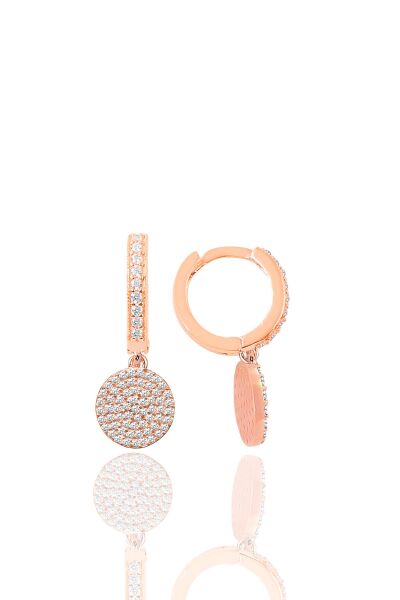 Gümüş rose zirkon taşlı yuvarlak kolye ve küpe ikili set SGTL12095ROSE
