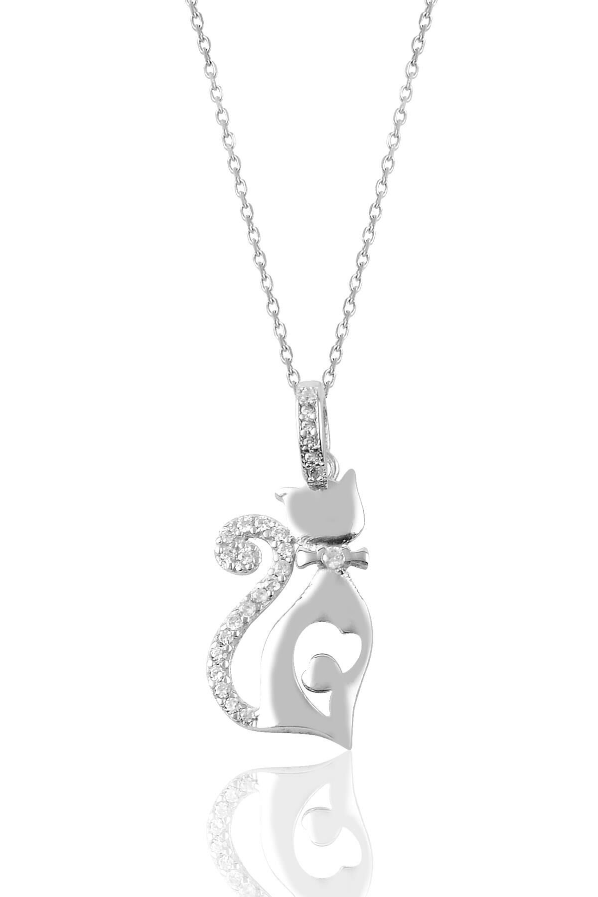 Gümüş zirkon taşlı papyon kedi kolye SGTL9101