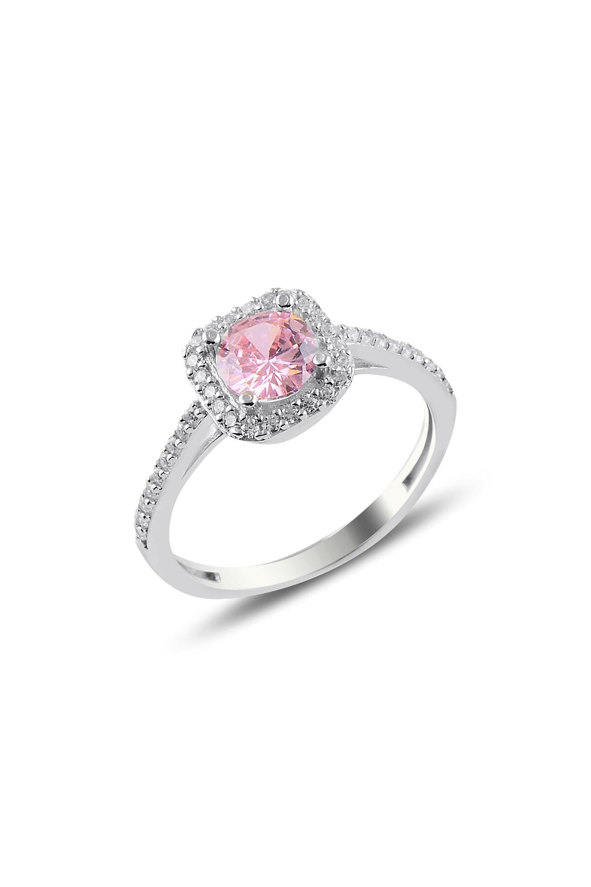 Gümüş rodyumlu pembe taşlı kare yüzük SGTL10764PEMBE