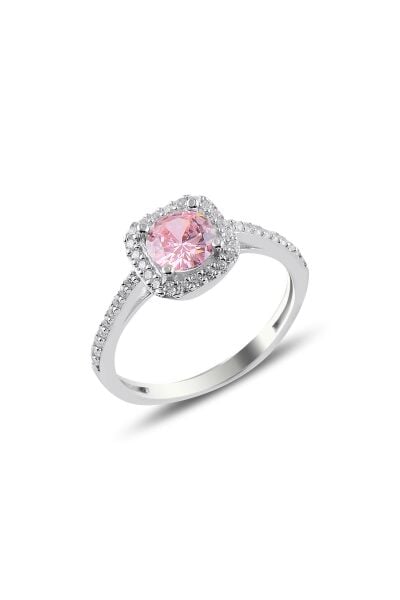 Gümüş rodyumlu pembe taşlı kare yüzük SGTL10764PEMBE