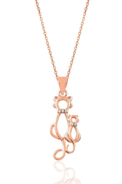 Gümüş zirkon taşlı anne ve yavru kedi kolye SGTL9102