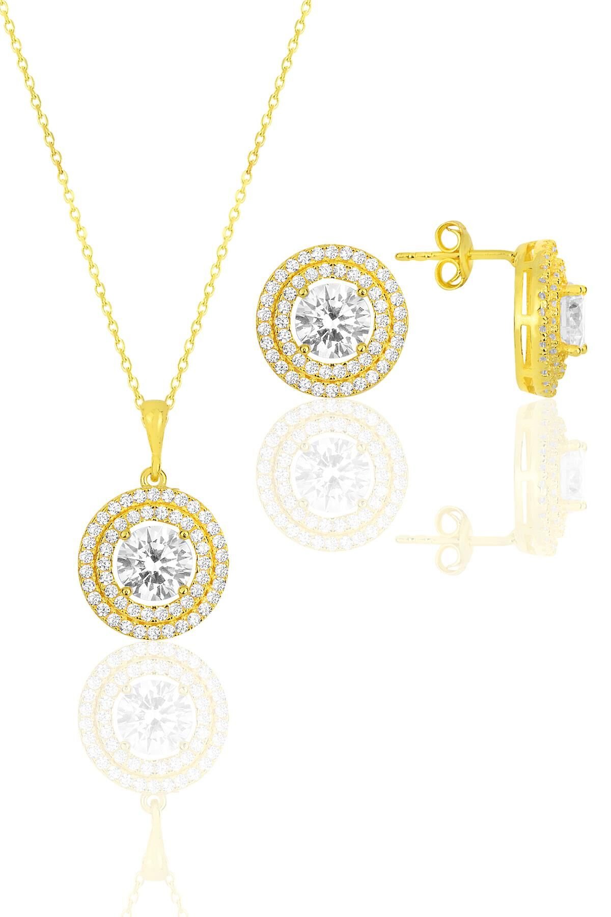 Gümüş altın yaldızlı zirkon taşlı pırlanta montürlü yuvarlak ikili set SGTL12085GOLD