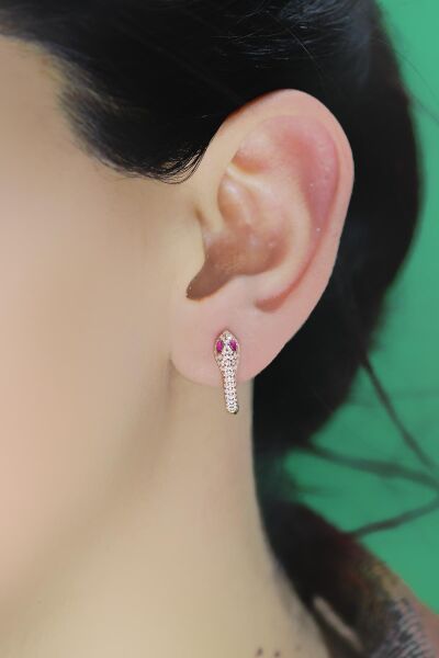 Gümüş rose fuşya  taşlı yılan halka küpe SGTL10554ROSE