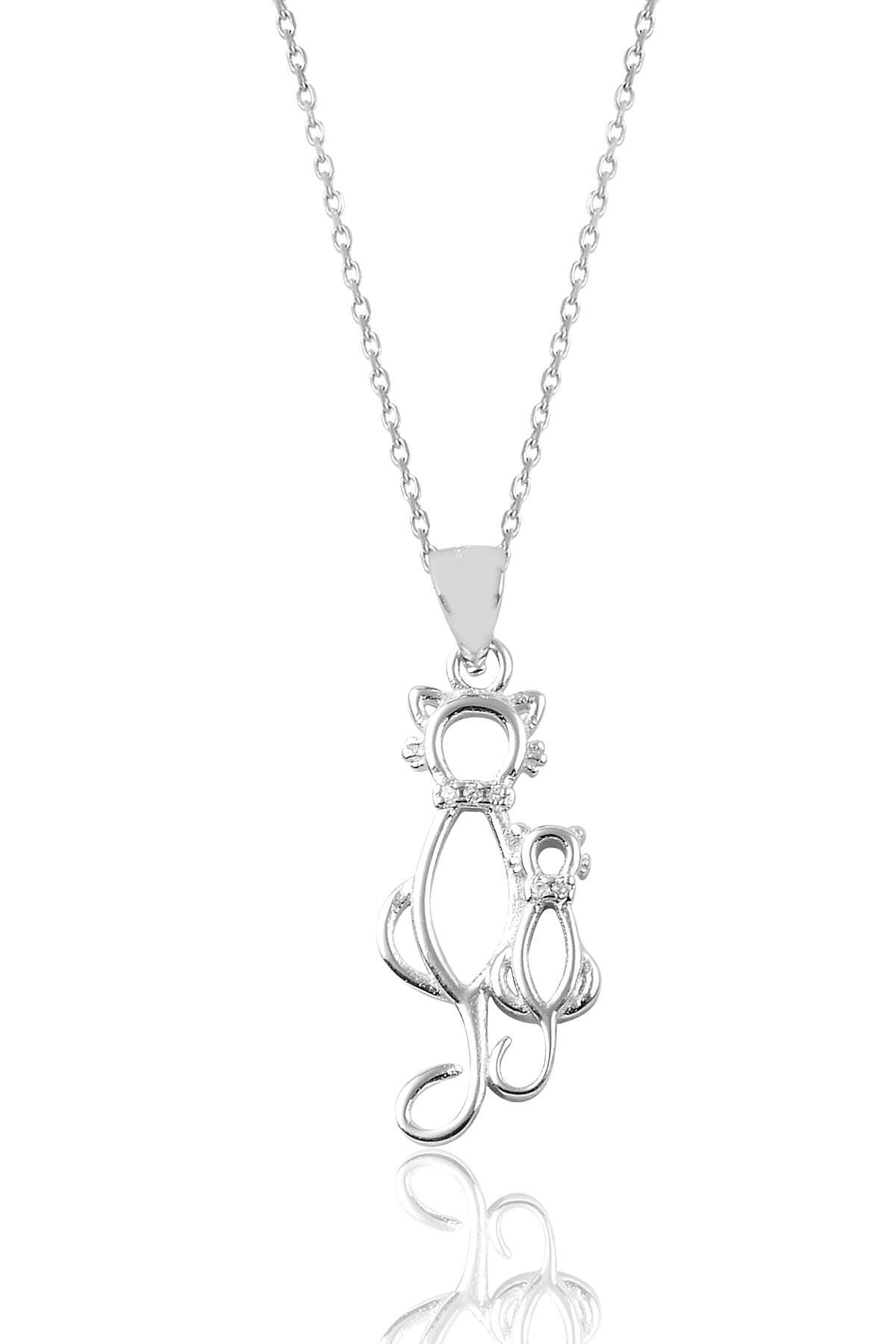 Gümüş zirkon taşlı anne ve yavru kedi kolye SGTL9103