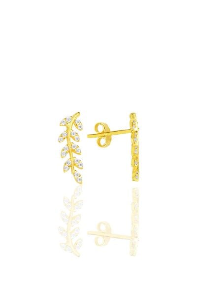 Gümüş altın yaldızlı zirkon taşlı yeni yaprak küpe SGTL11558GOLD