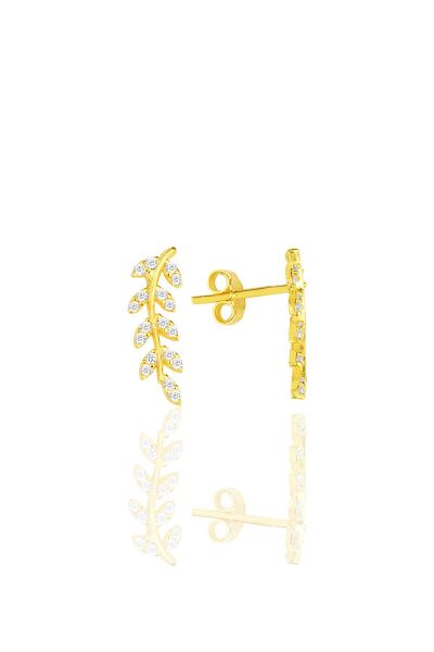 Gümüş altın yaldızlı zirkon taşlı yeni yaprak küpe SGTL11558GOLD