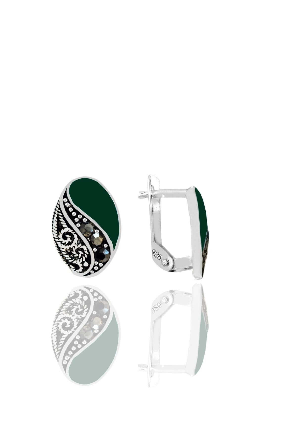 Gümüş yeşil mineli oval markazit taşlı küpe  SGTL11241YESIL
