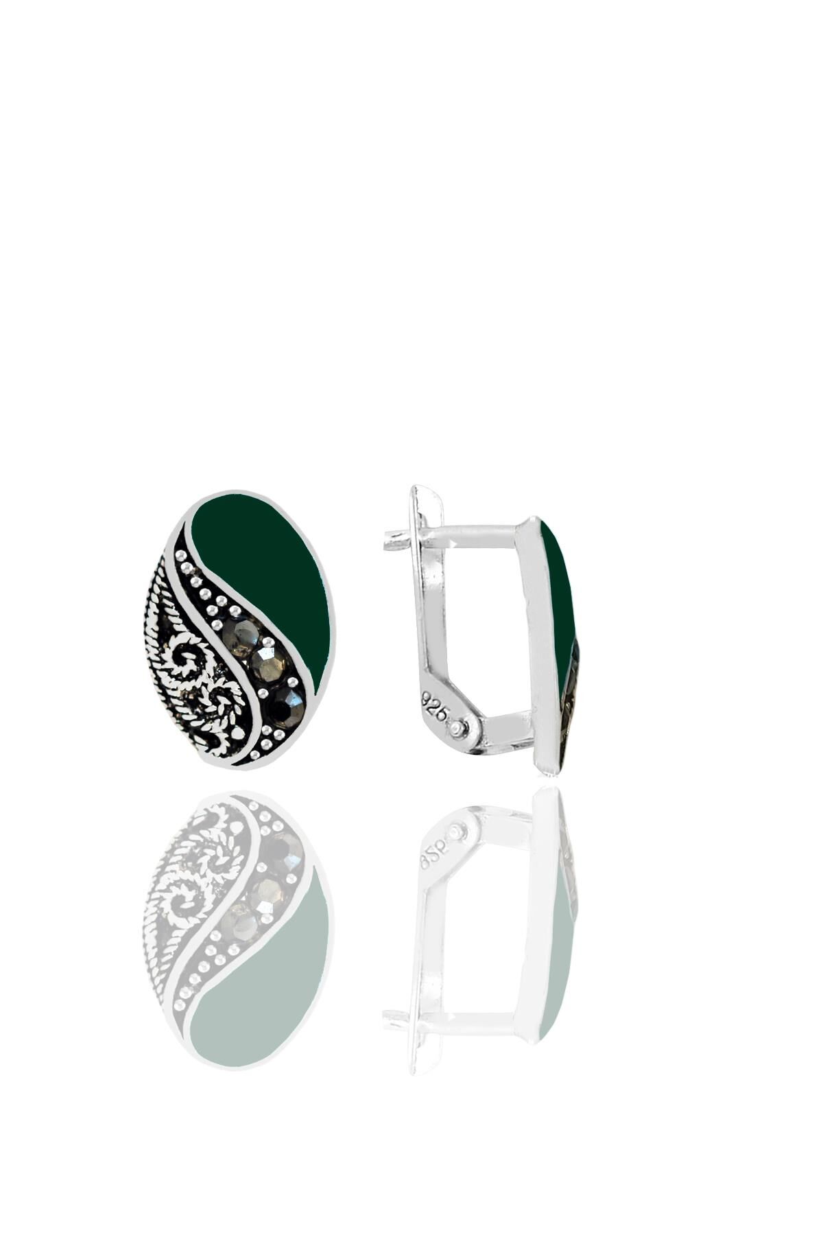 Gümüş yeşil mineli oval markazit taşlı küpe  SGTL11241YESIL