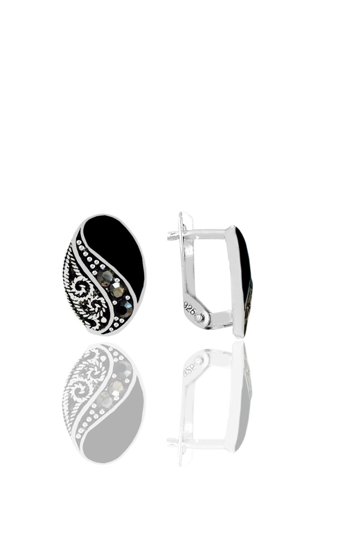 Gümüş siyah mineli oval markazit taşlı küpe  SGTL11241SIYAH