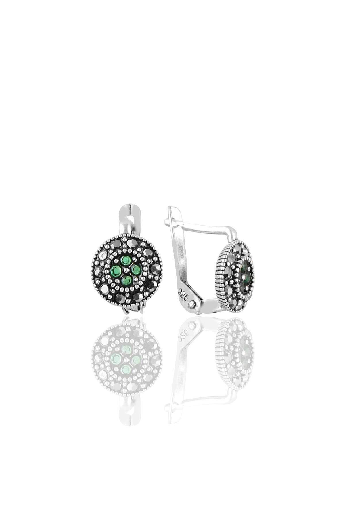 Gümüş  markazit ve kök zümrüt taşlı yuvarlak küpe SGTL11240YESIL