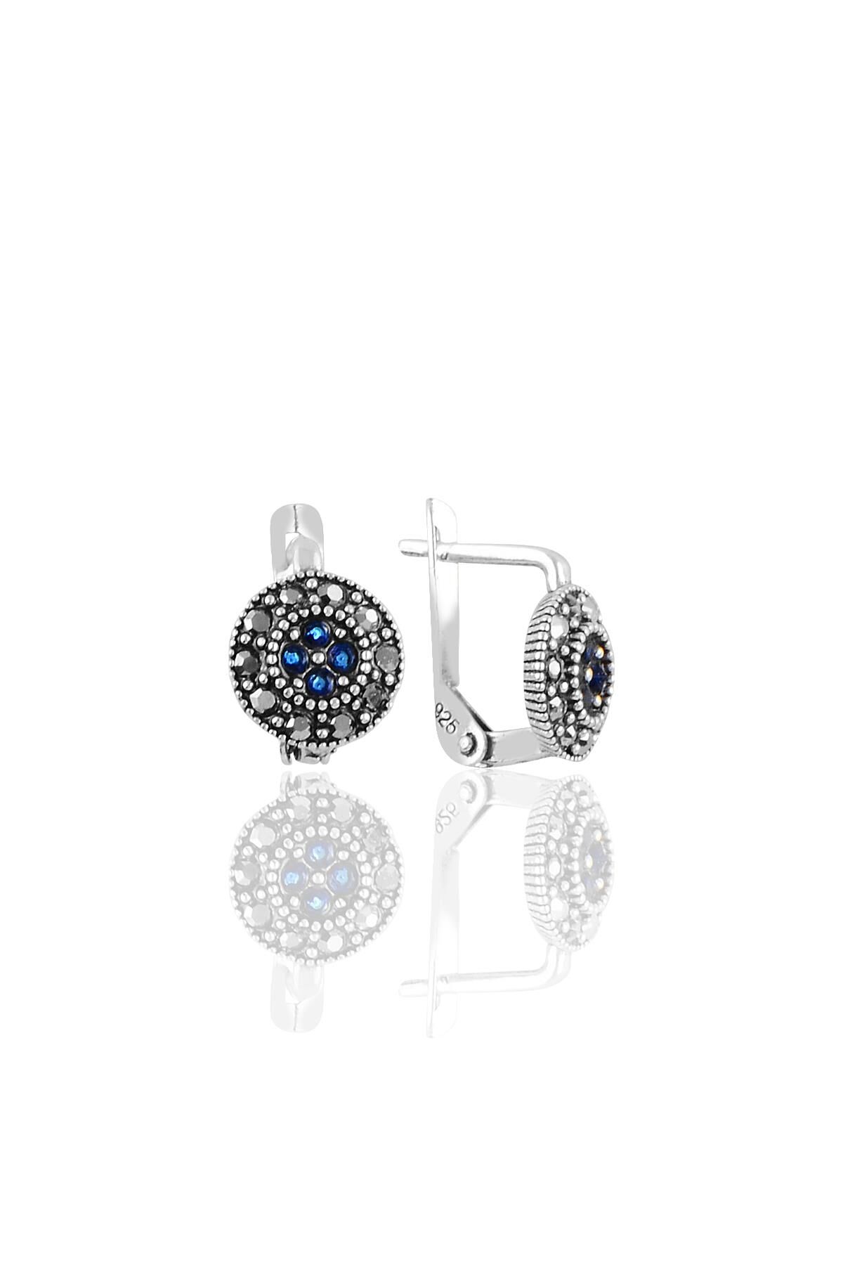 Gümüş  markazit ve safir taşlı yuvarlak  küpe SGTL11240LACI