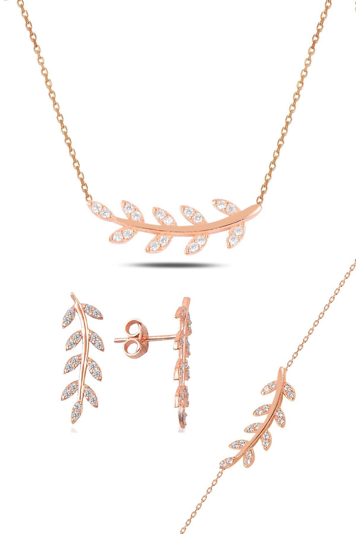 Gümüş rose zirkon taşlı yaprak  üçlü set SGTL10586BEYAZ