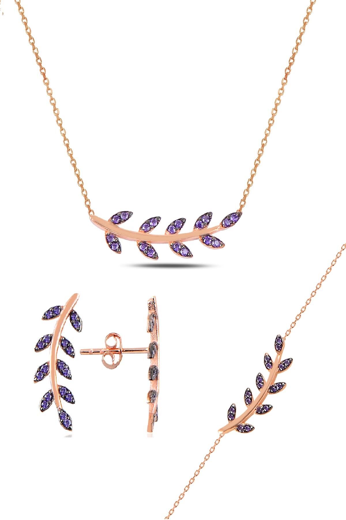 Gümüş rose mor taşlı yaprak üçlü set SGTL10586MOR
