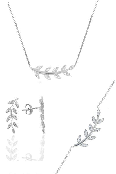 Gümüş rodyumlu zirkon taşlı yaprak  üçlü set SGTL10586RODAJ