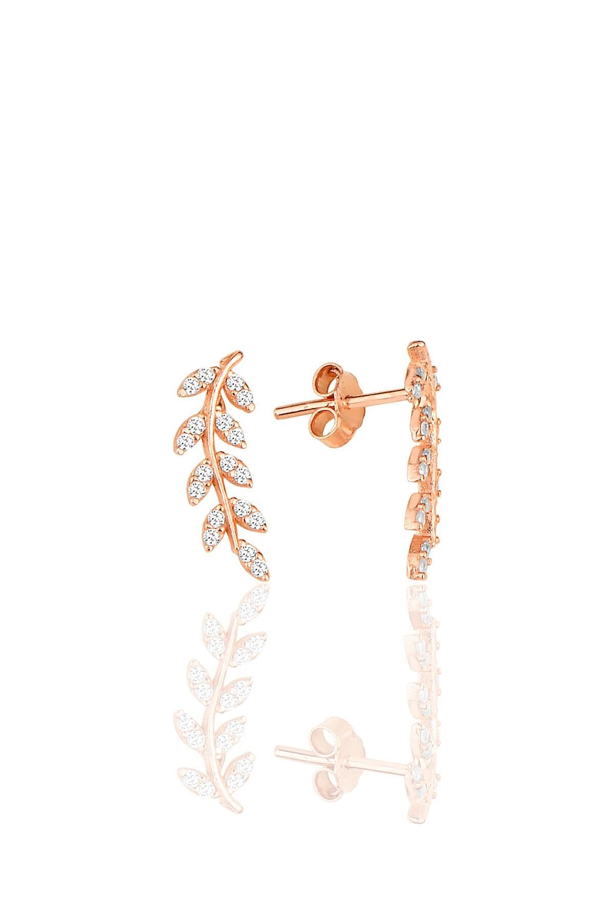 Gümüş rose zirkon taşlı yeni yaprak küpe SGTL11558ROSE