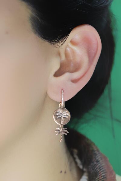 Gümüş rose  özel tasarım zirkon taşlı palmiye halka küpe SGTL10557ROSE