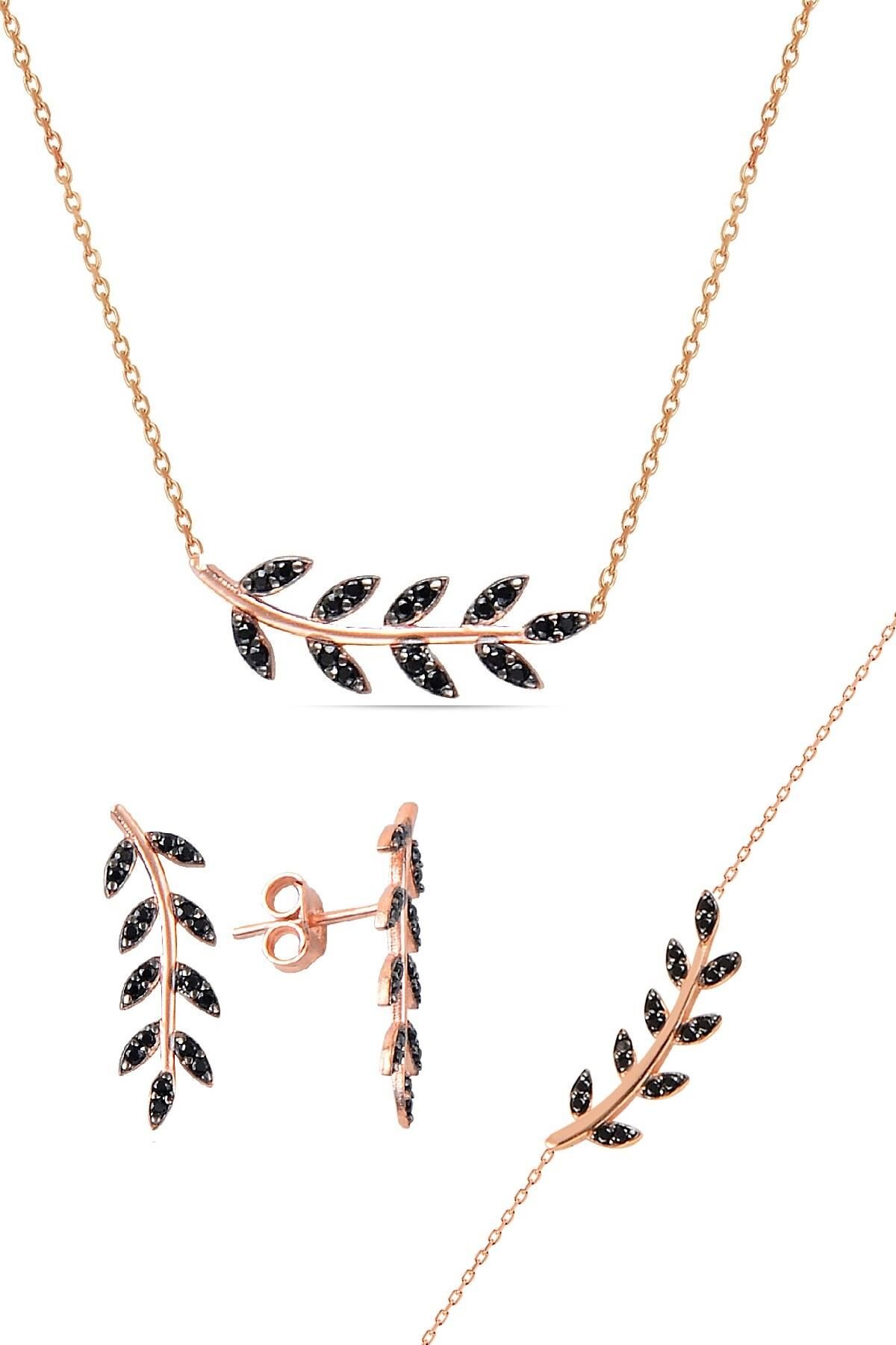 Gümüş rose siyah taşlı yaprak  üçlü set SGTL10586SIYAH
