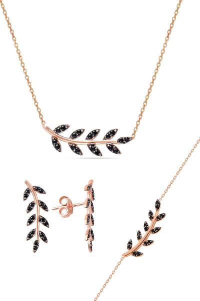 Gümüş rose siyah taşlı yaprak  üçlü set SGTL10586SIYAH