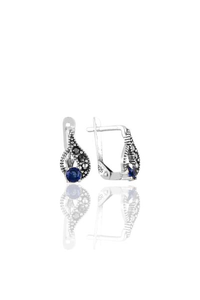 Gümüş  markazit ve safir taşlı damla modeli  küpe SGTL11239LACI