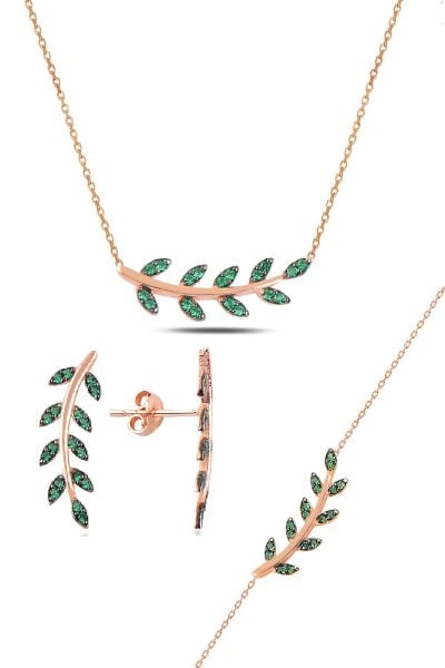 Gümüş rose yeşil  taşlı yaprak  üçlü set SGTL10586YESIL