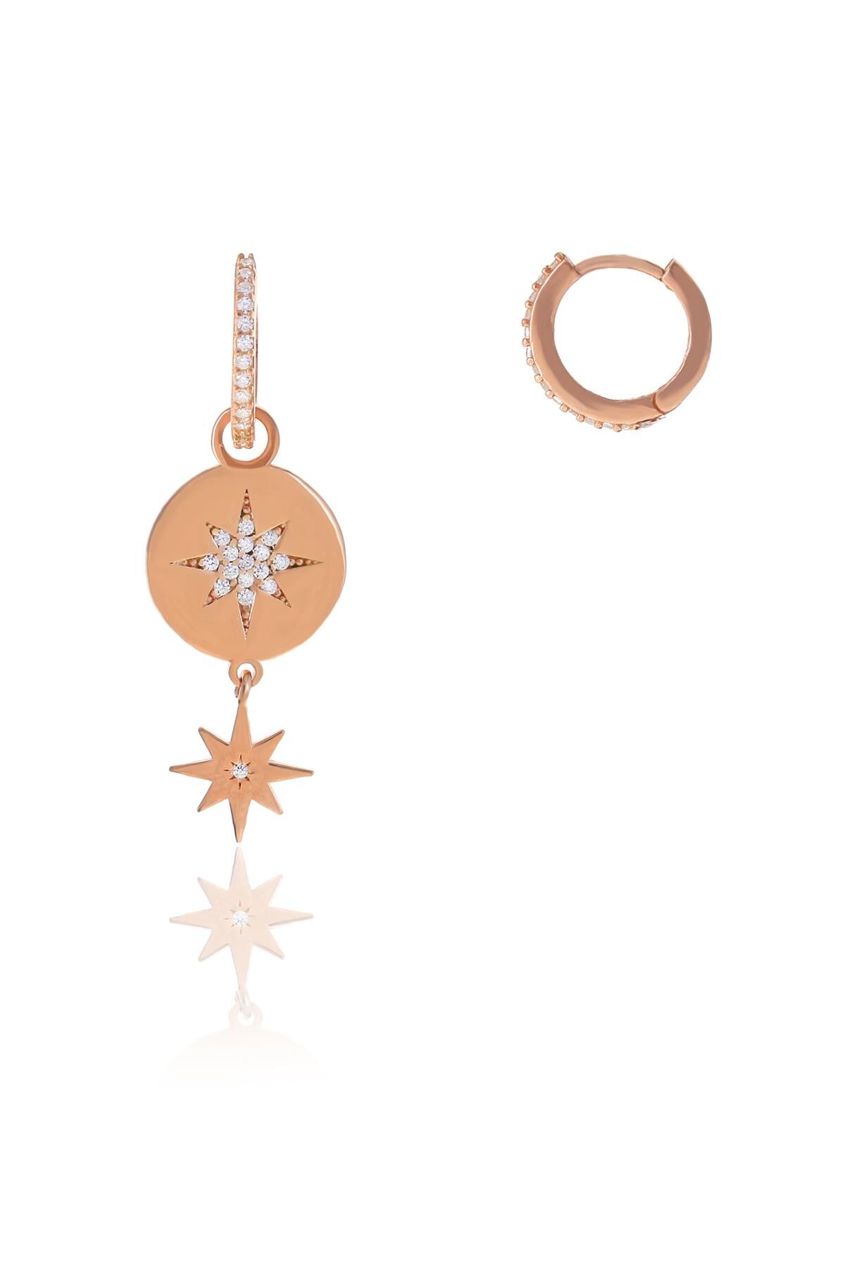 Gümüş rose özel tasarım kuzey yıldızı halka küpe SGTL10558ROSE