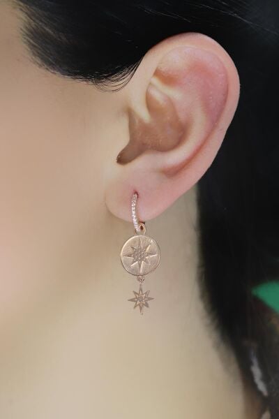 Gümüş rose özel tasarım kuzey yıldızı halka küpe SGTL10558ROSE