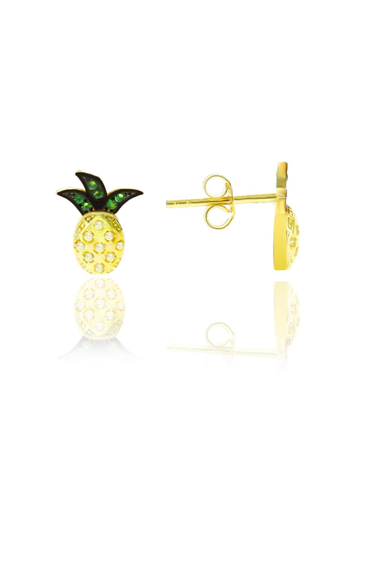Gümüş altın yaldızlı zirkon  taşlı ananas küpe SGTL10559GOLD